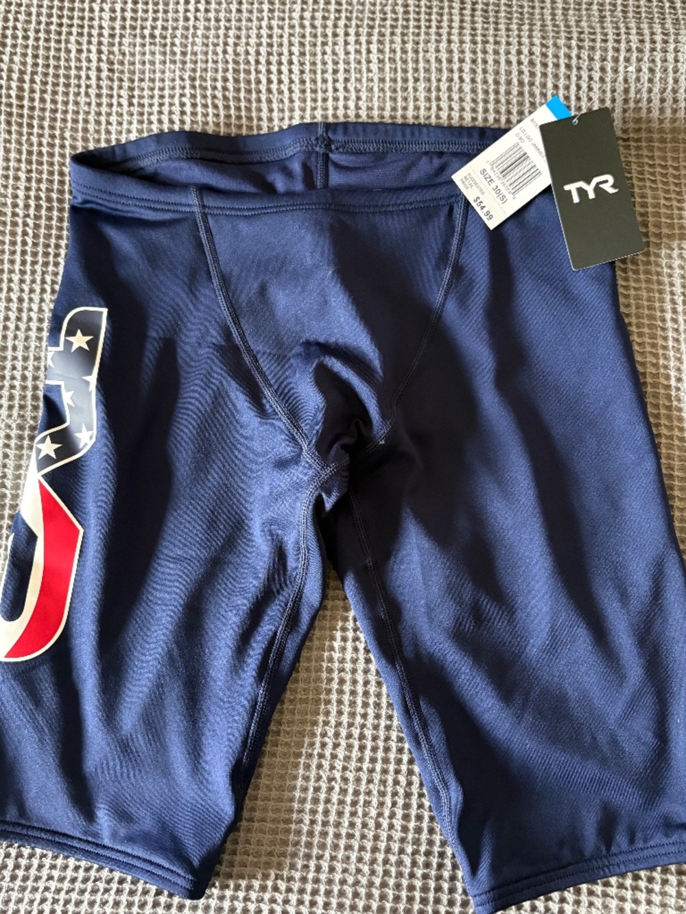 TYR Logo Jammer USA Men 30 Navy Blue Swim Trunks Durafast Elite Training NWT